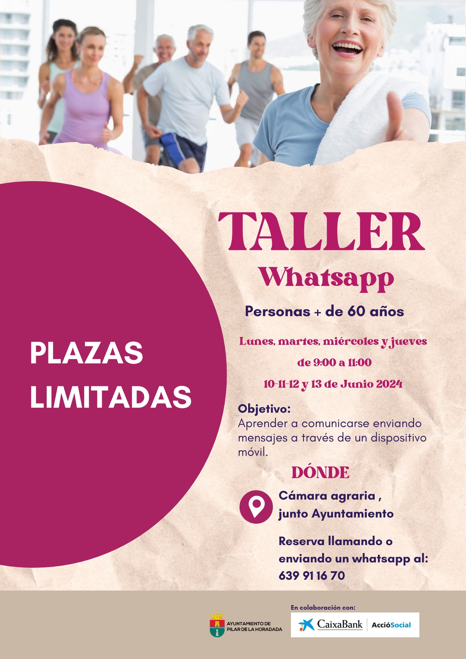 Cartel Taller mayor 60 años WhatsApp en Pilar de la Horadada
