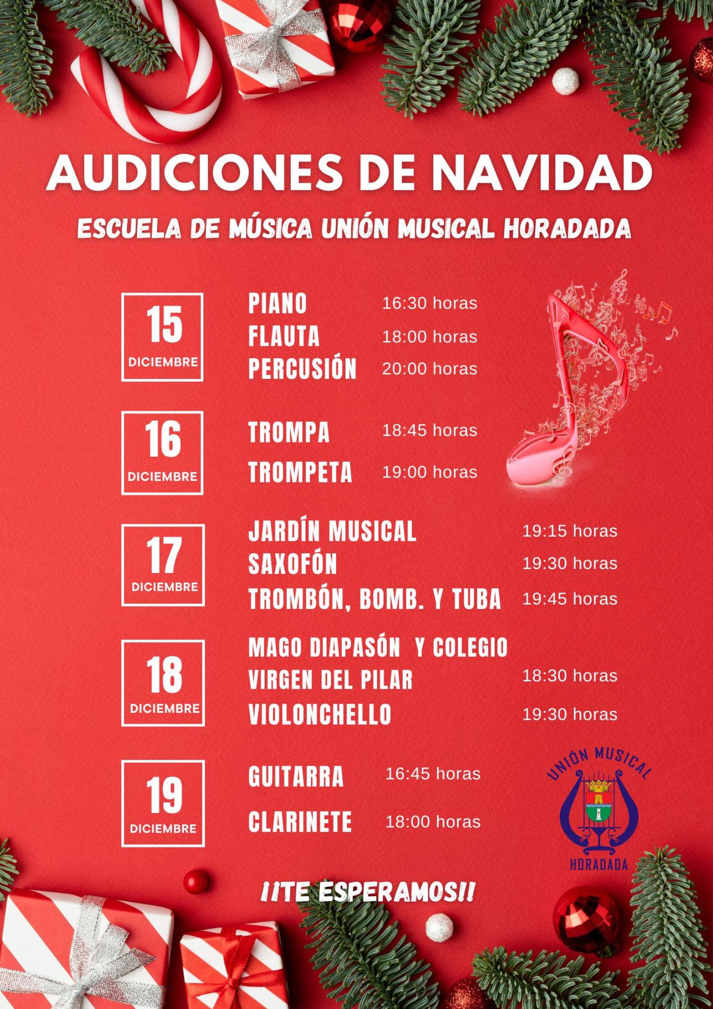 Cartel audiciones de navidad escuela música unión musical horadada