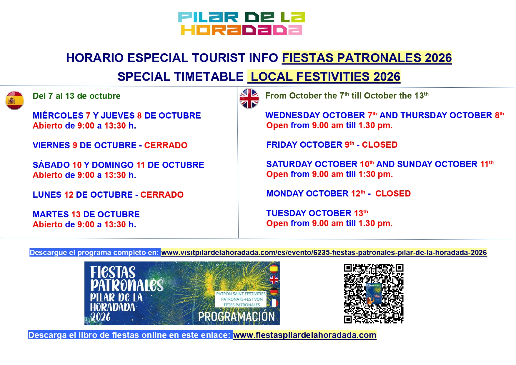Horario especial fiestas 2026 Tourist Info Pilar de la Horadada